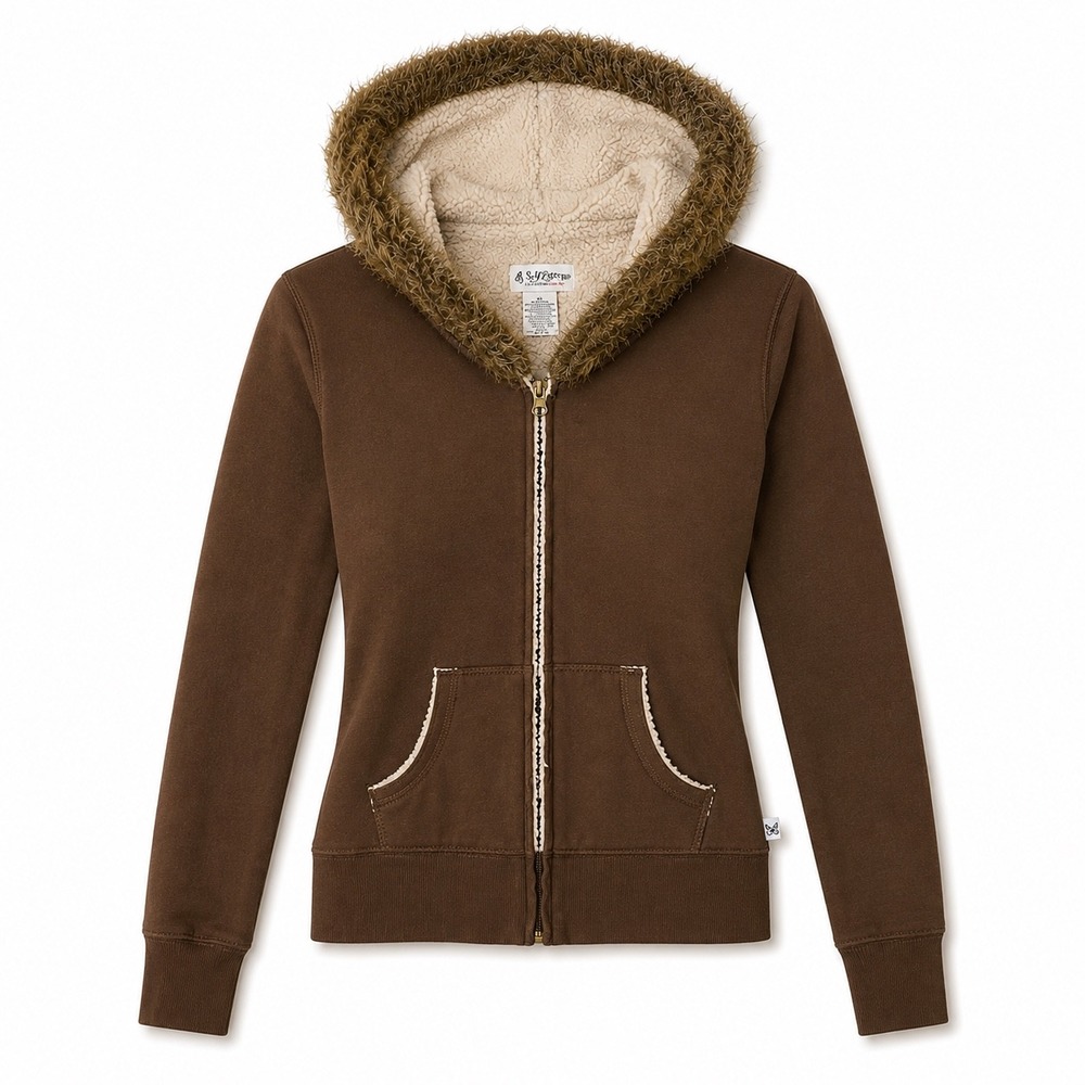 Y2K Self Esteem 2000s Brown Full Zip Faux Fur Sherpa Lined Hoodie Jacket - XL